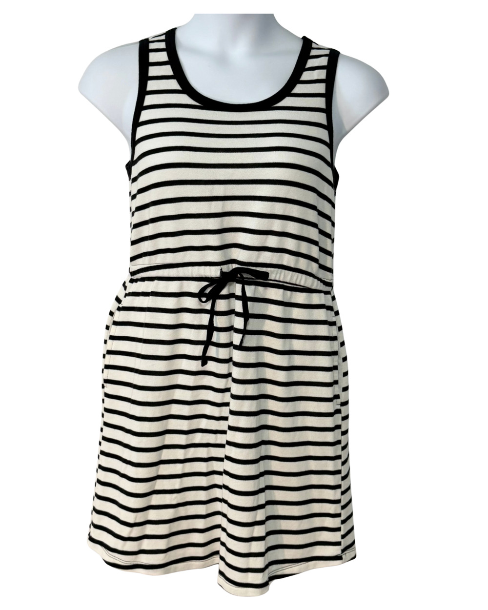 St John's Bay Sz M Casual Tank Dress Drawstring Waist Black & White Stripe Knit